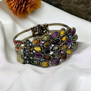 Peacock Bracelet Cuff Vintage Bangle Multi Color Gem Feathers Statement Jewelry